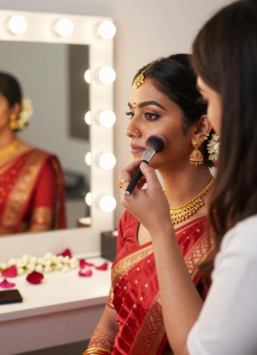 Makeup artist applying blush to a seated bride in a red silk saree