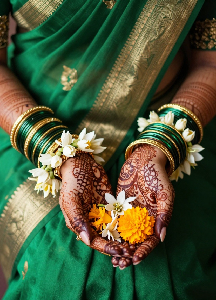 Bridal mehendi hands with gold and green bangles