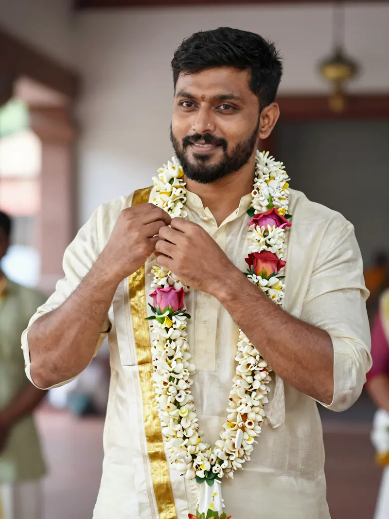 Concept image: groom in a cream silk kurta with a jasmine and rose garland, adjusting his garland