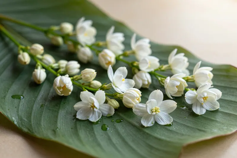 Concept image: fresh jasmine gajra on banana leaf
