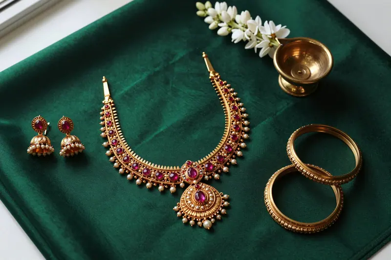 Concept image: antique gold temple jewellery on emerald silk