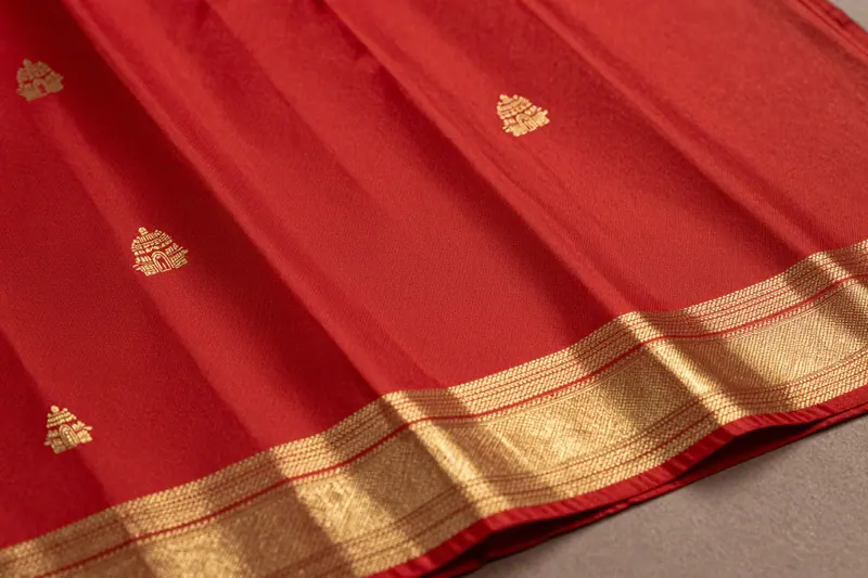 Concept image: red Kanjivaram silk saree pleats with a gold zari border