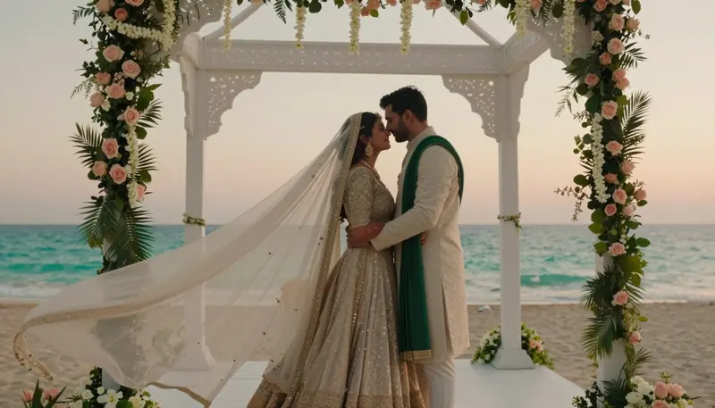 Illustration of a beach wedding under a jasmine floral arch at golden hour (concept image)