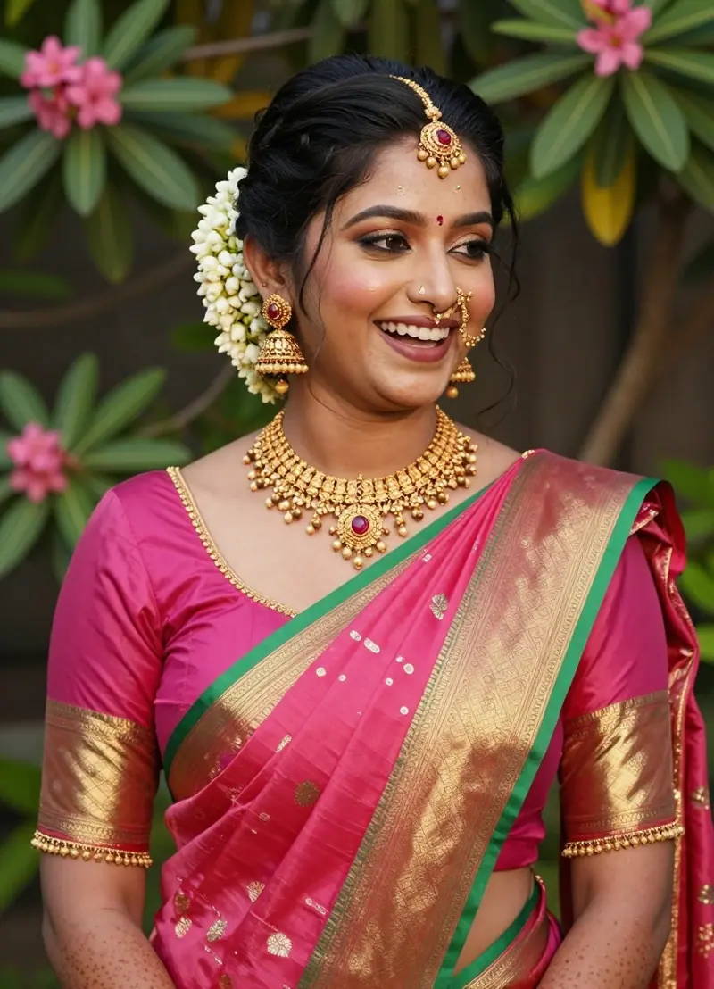 Laughing bride in pink and gold silk saree