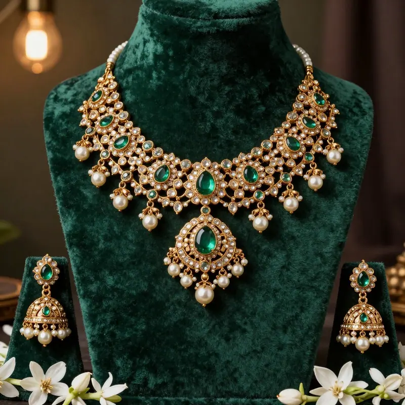 Antique gold temple jewellery on emerald velvet