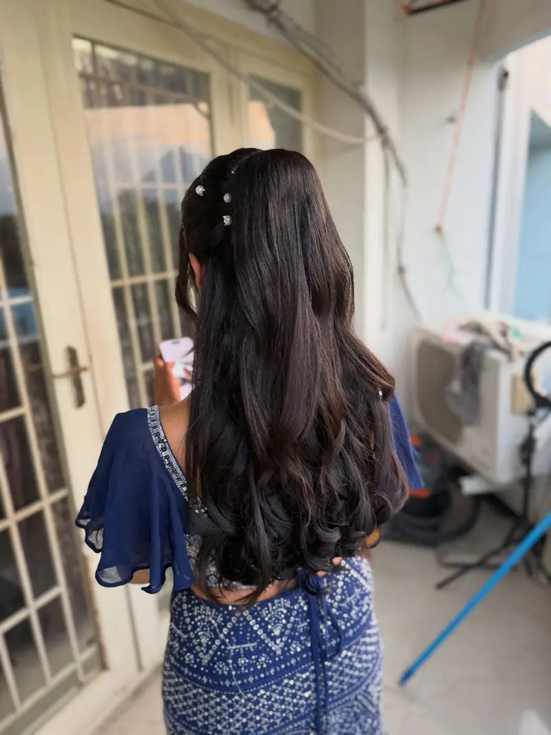 Long soft waves with pearl pins, back view