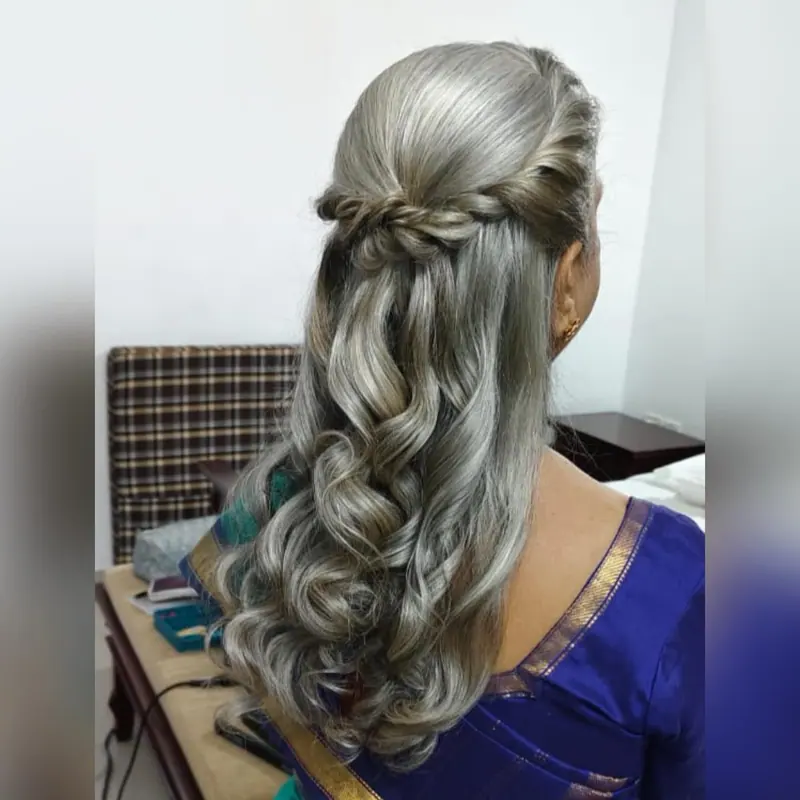 Silver-toned braided half-up waves, back view