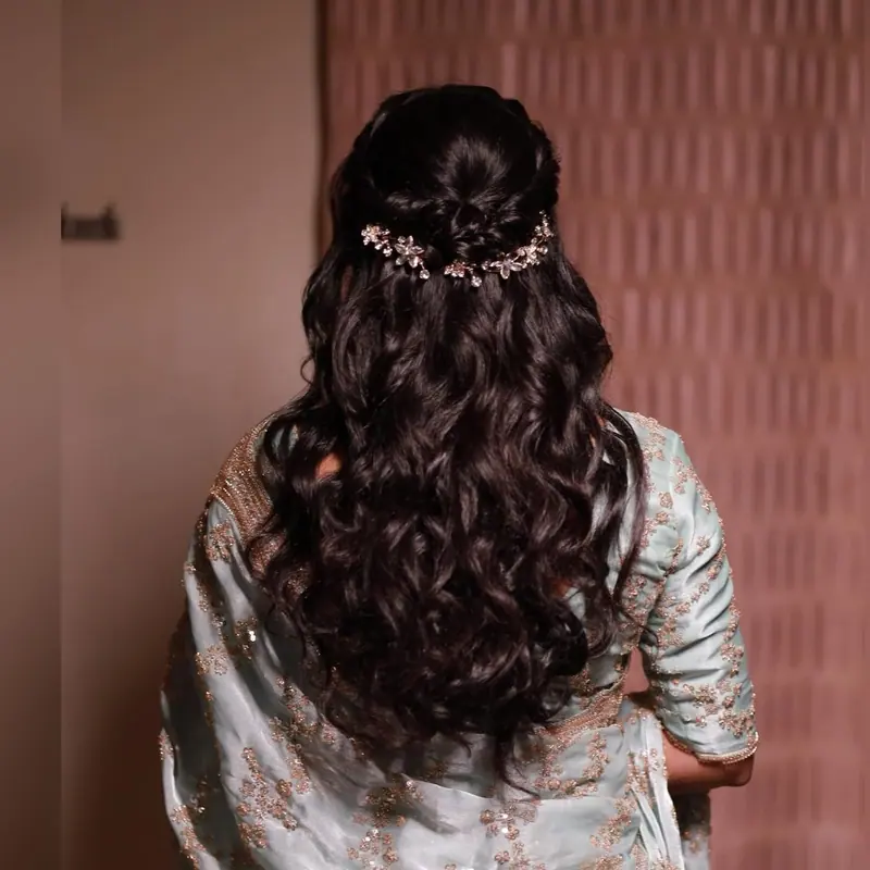 Long curls with small floral pins, back view